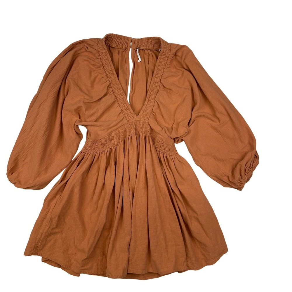 Free People Gauze Boho Peasant Mini Dress Smocked V Neck Rust Cotton women M